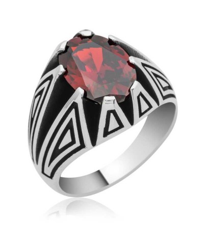 Gümüş Kırmızı Zirkon Taşlı Erkek Yüzük