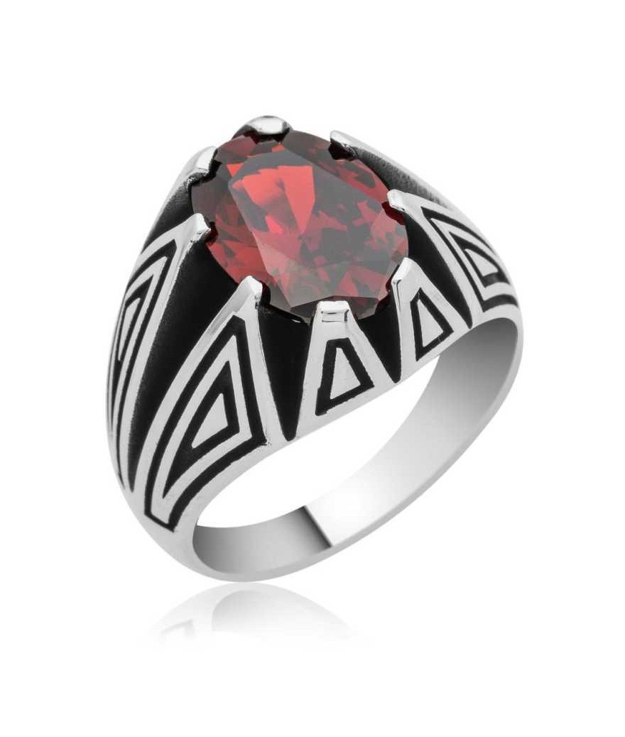 Gümüş Kırmızı Zirkon Taşlı Erkek Yüzük