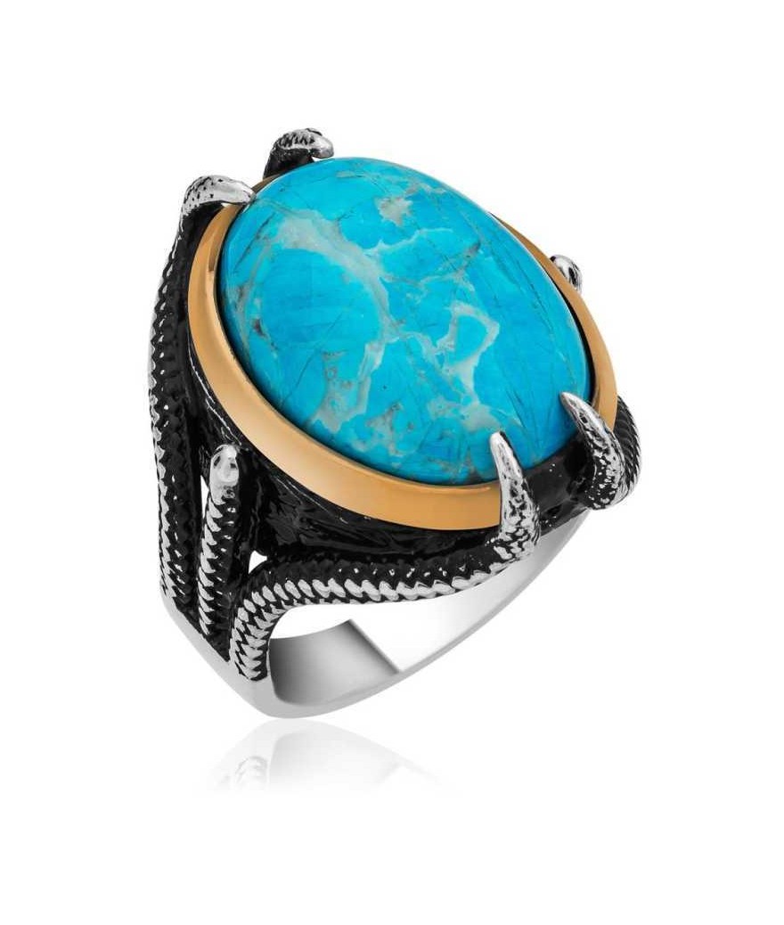 Gümüş Kartal Pençesi Turkuaz Taşlı Erkek Yüzük