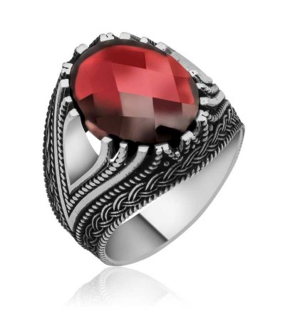 Gümüş Kırmızı Zirkon Taşlı Erkek Yüzük