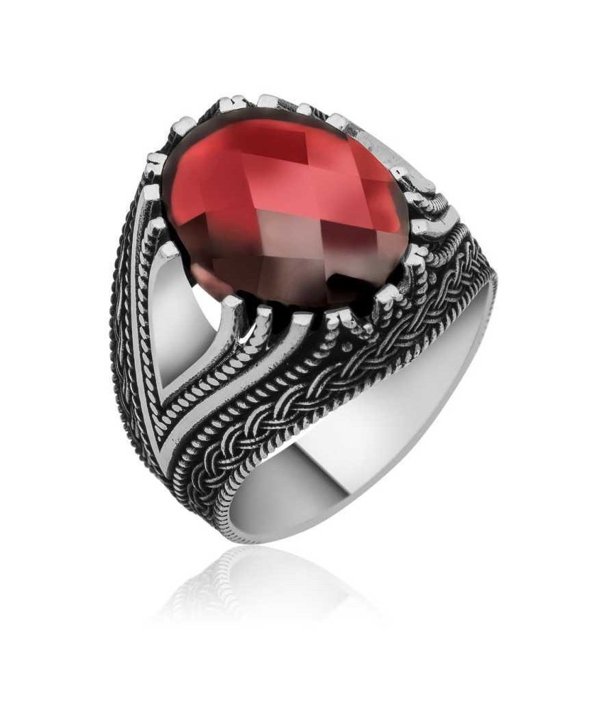 Gümüş Kırmızı Zirkon Taşlı Erkek Yüzük