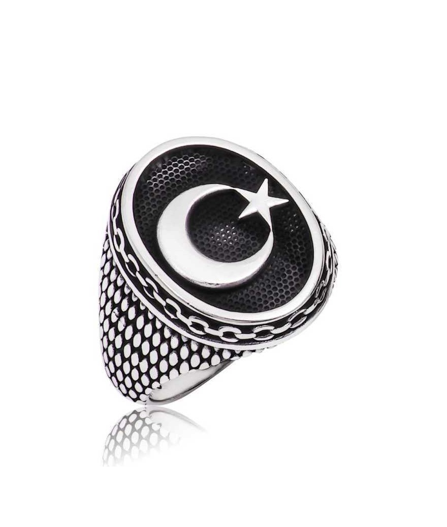 Gümüş Ay Yıldız Erkek Yüzük