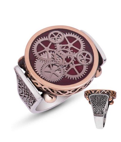 Gümüş Bordo Saat Çarkı Erkek Yüzük