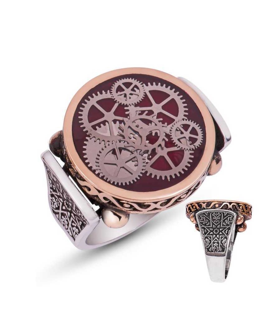 Gümüş Bordo Saat Çarkı Erkek Yüzük