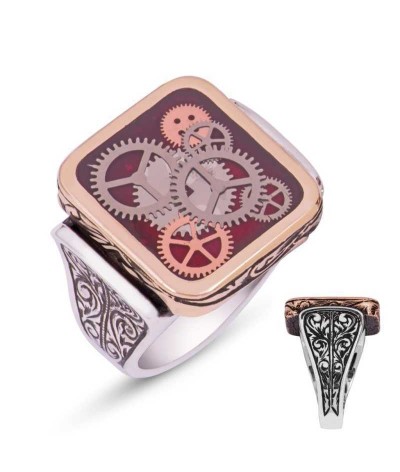 Gümüş Bordo Saat Çarkı Erkek Yüzük