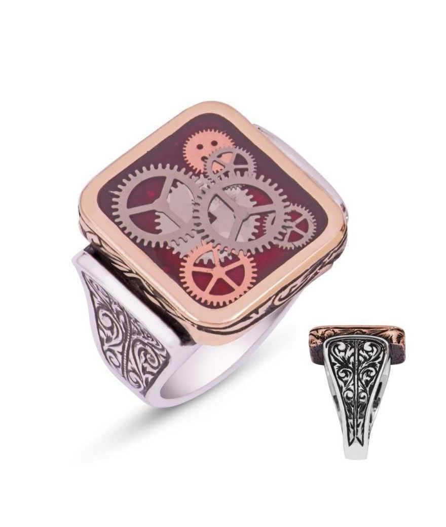 Gümüş Bordo Saat Çarkı Erkek Yüzük