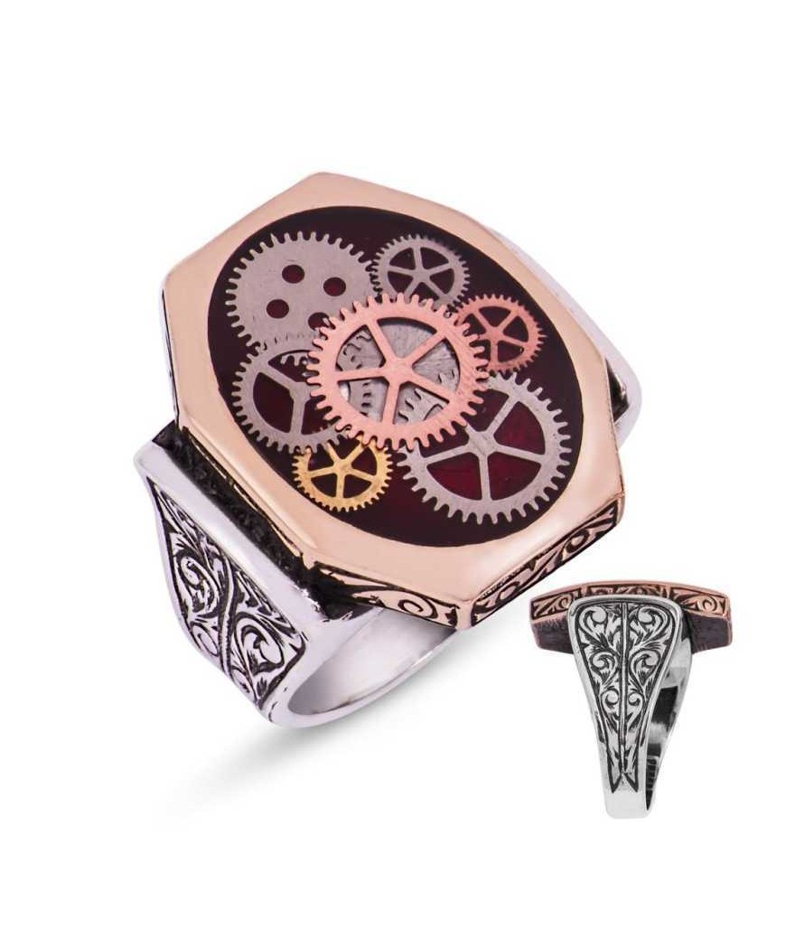 Gümüş Bordo Saat Çarkı Erkek Yüzük