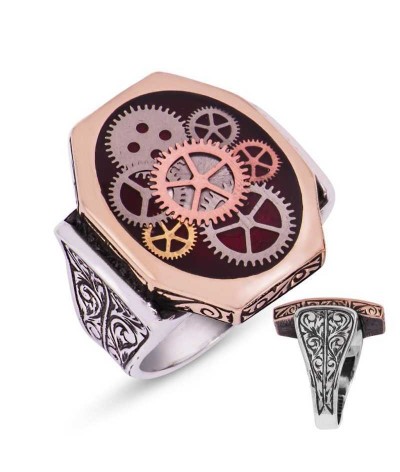 Gümüş Bordo Saat Çarkı Erkek Yüzük