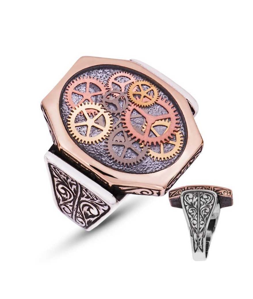 Gümüş Gri Saat Çarkı Erkek Yüzük