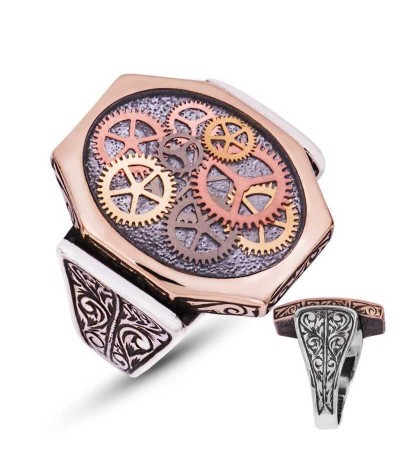 Gümüş Gri Saat Çarkı Erkek Yüzük