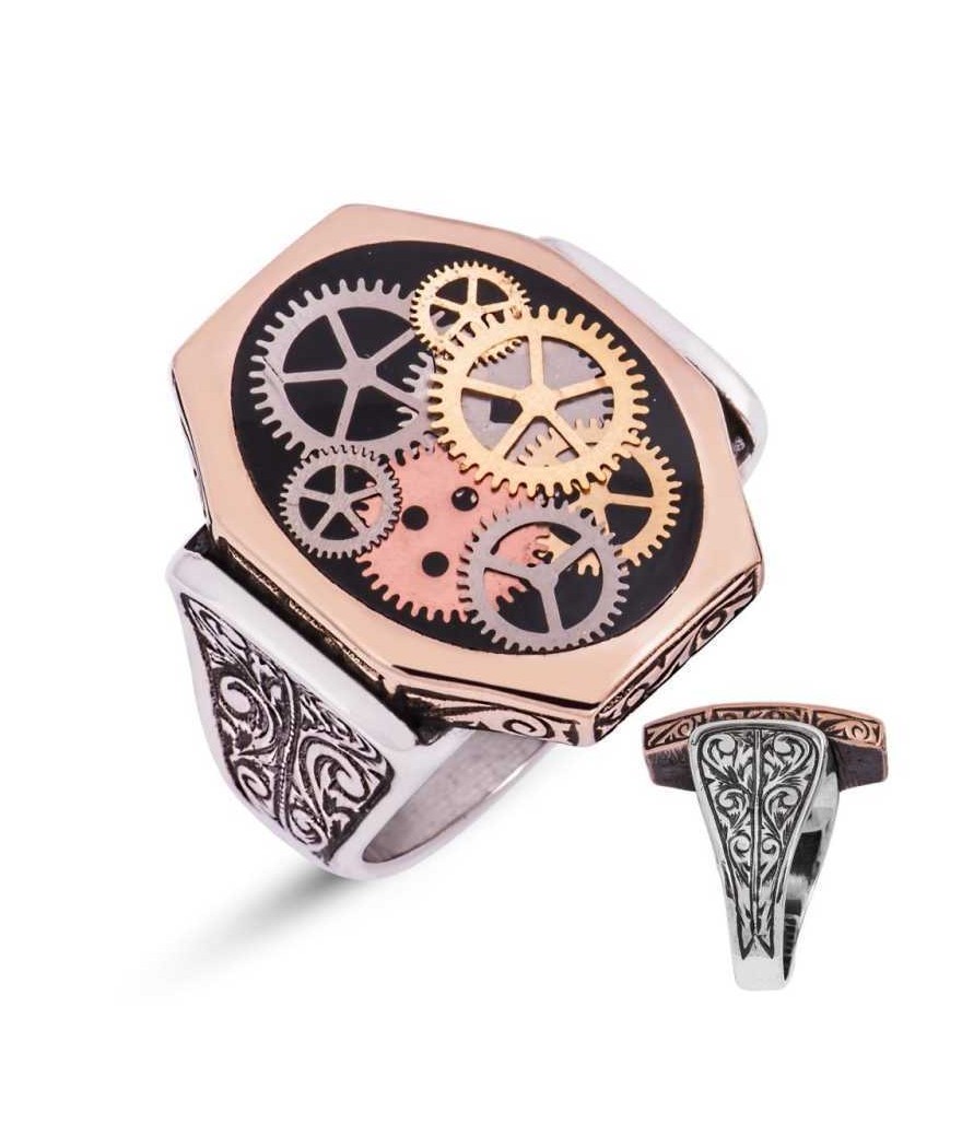 Gümüş Siyah Saat Çarkı Erkek Yüzük