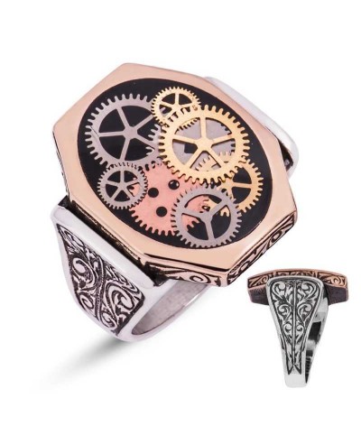 Gümüş Siyah Saat Çarkı Erkek Yüzük