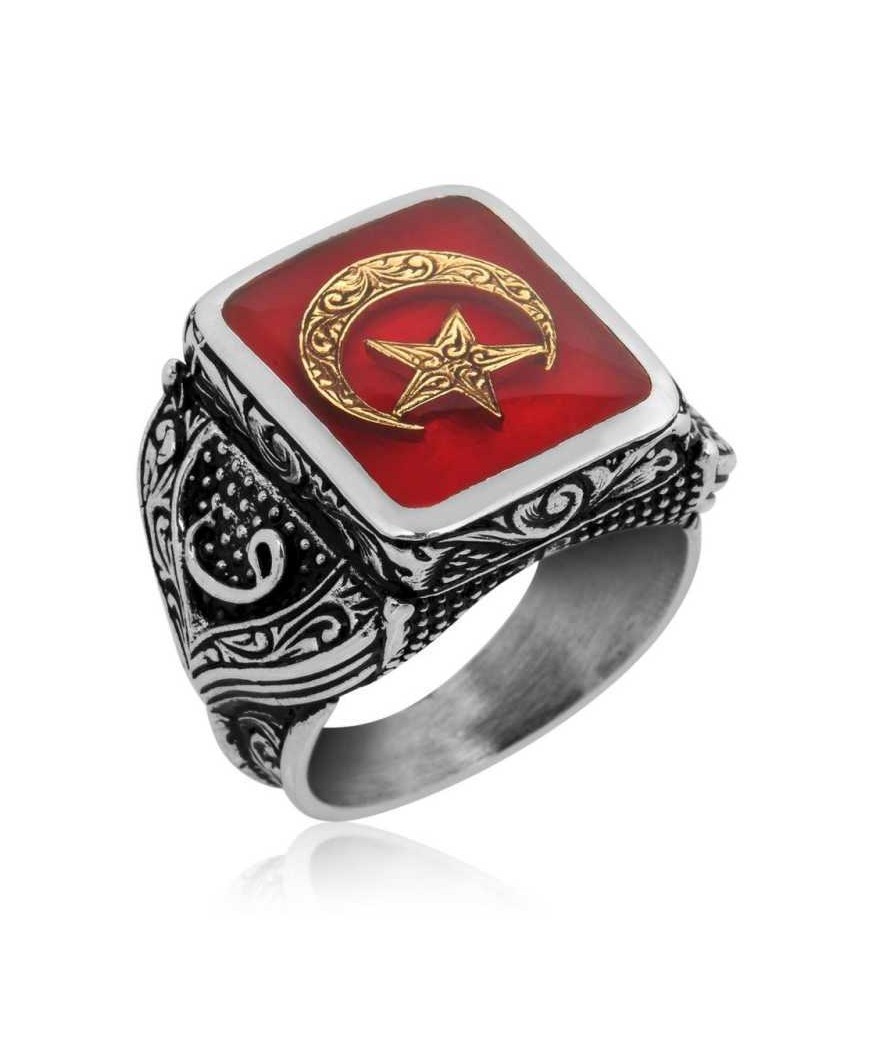 Gümüş Kırmızı Ay Yıldız Erkek Yüzük