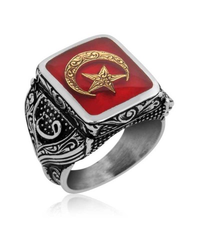 Gümüş Kırmızı Ay Yıldız Erkek Yüzük