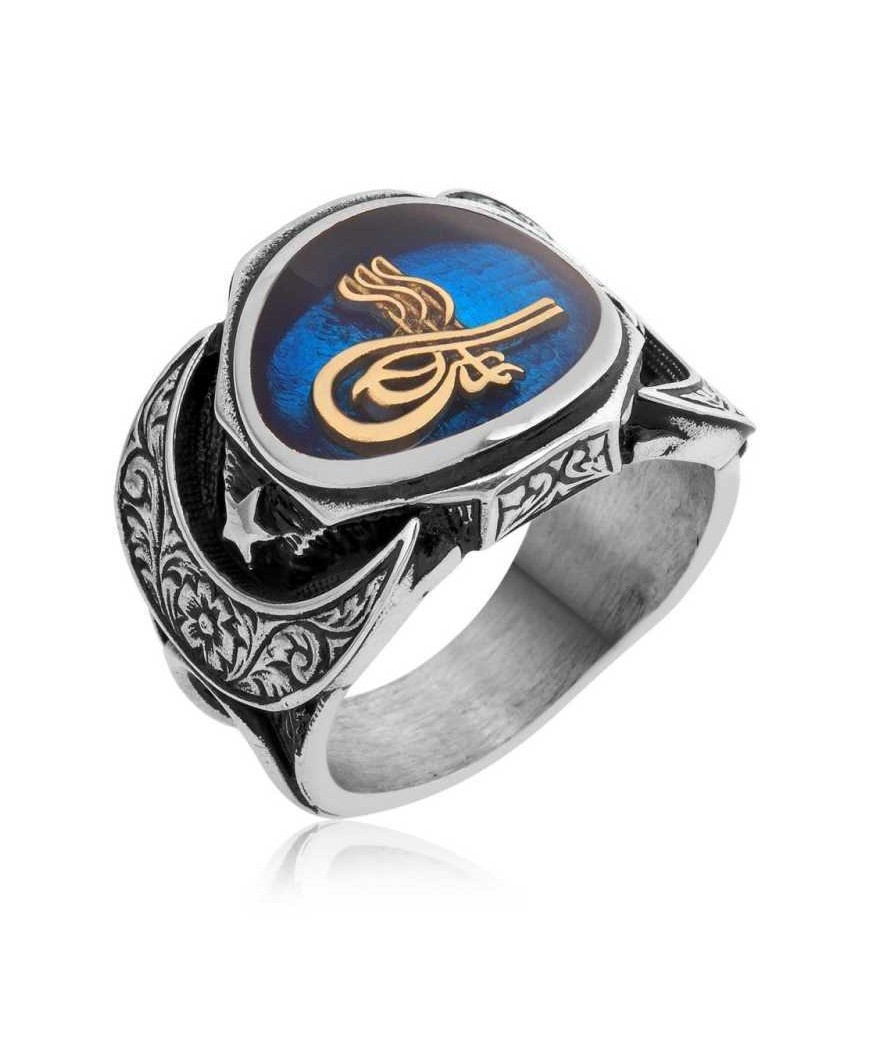 Gümüş Mavi Tuğralı Erkek Yüzük