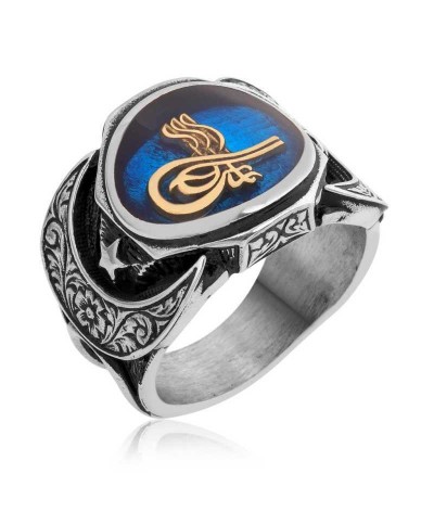 Gümüş Mavi Tuğralı Erkek Yüzük