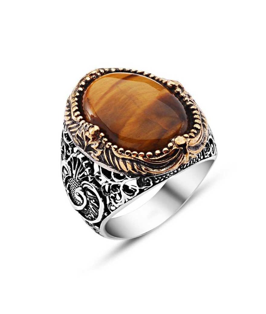 Gümüş Kaplan Gözü Taşlı Erkek Yüzük