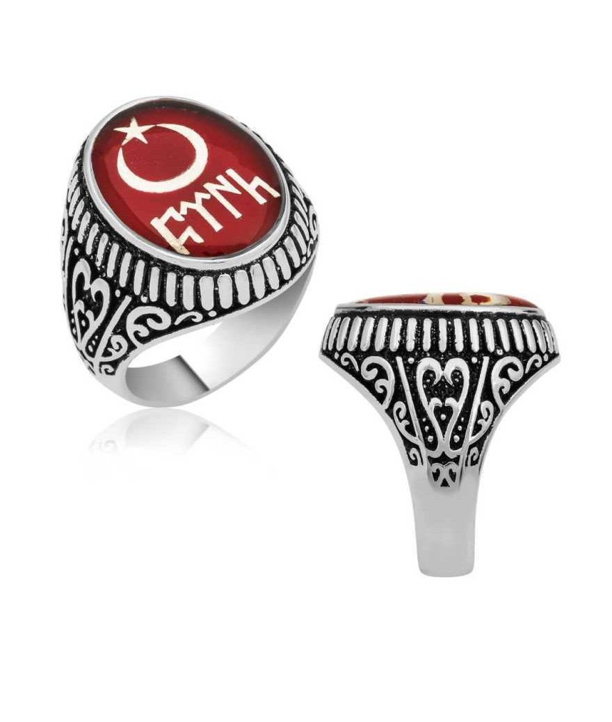 Gümüş Göktürkçe Türk Yazılı Ay Yıldız Erkek Yüzük