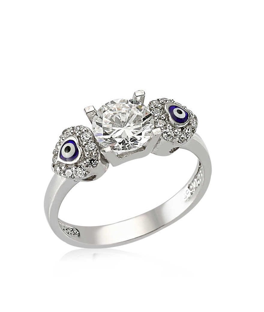 Gümüş Kalp Nazarlı Tek Taş Bayan Yüzük