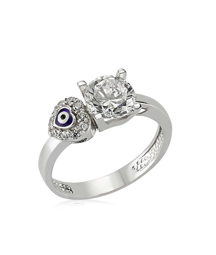 Gümüş Kalp Nazarlı Tek Taş Bayan Yüzük