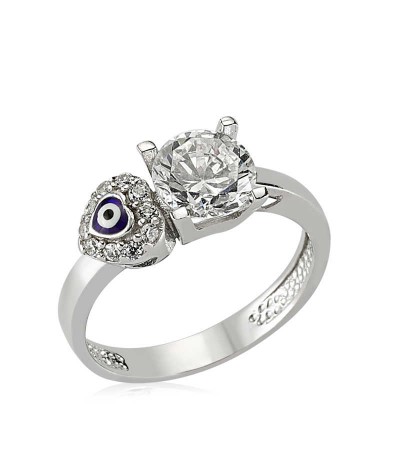 Gümüş Kalp Nazarlı Tek Taş Bayan Yüzük