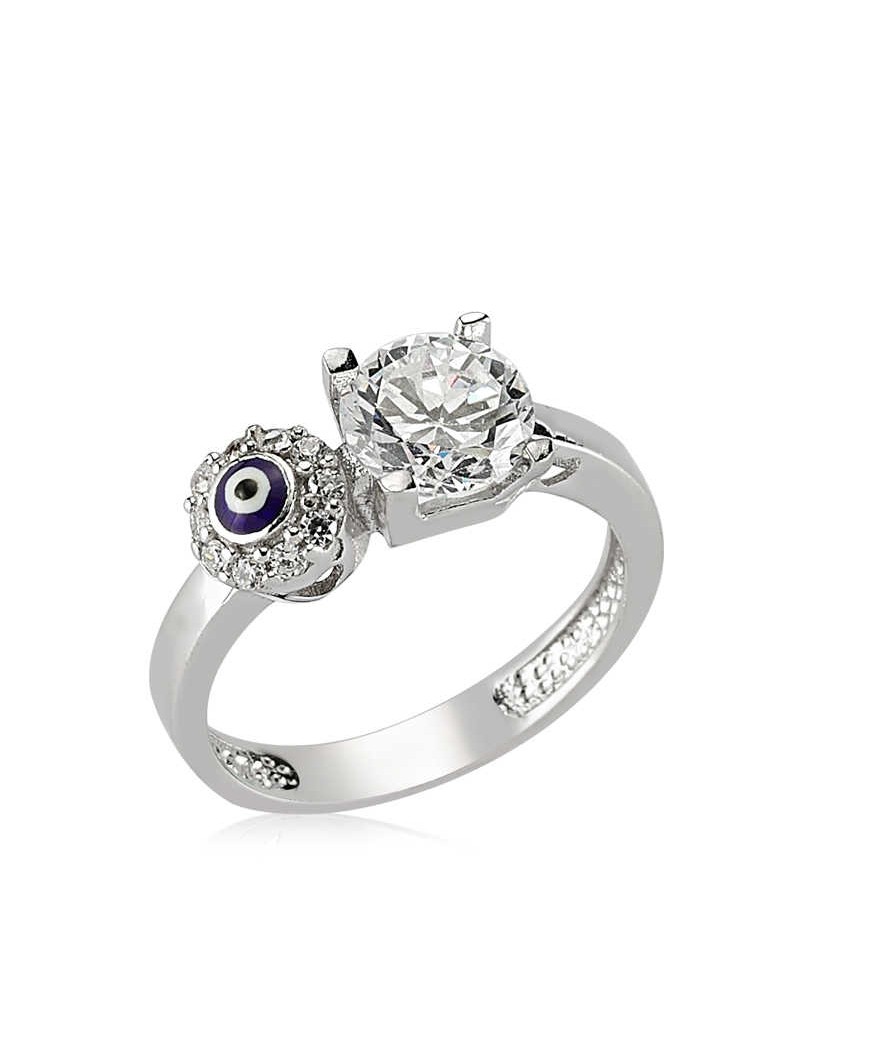 Gümüş Tek Taş Nazarlı Bayan Yüzük