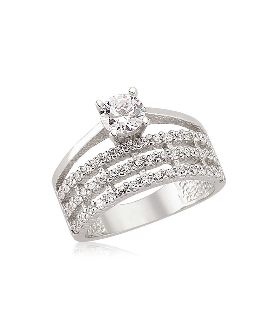 Gümüş Üç Sıra Tek Taş Bayan Yüzük