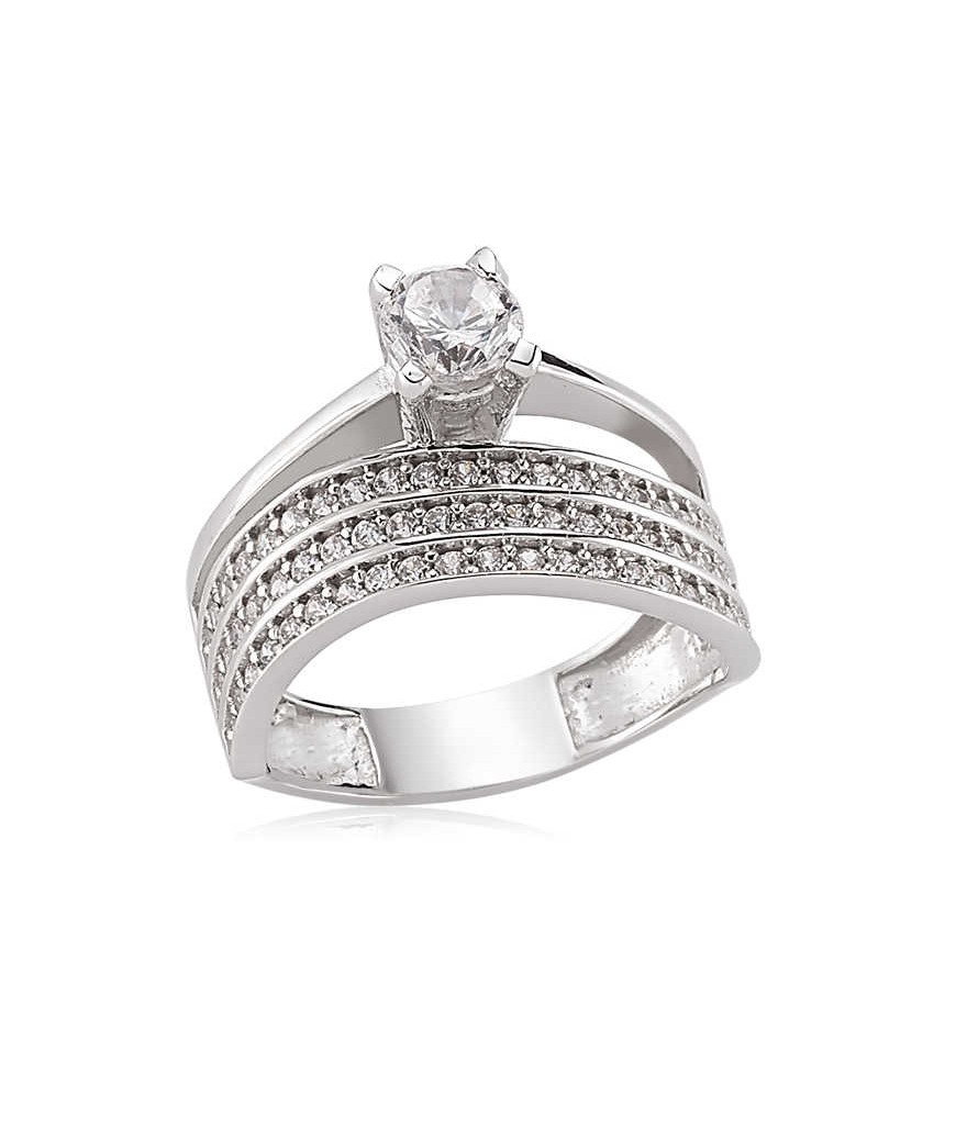 Gümüş Üç Sıra Tek Taş Bayan Yüzük