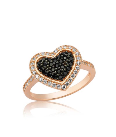 Gümüş Siyah Taşlı Kalp Bayan Yüzük