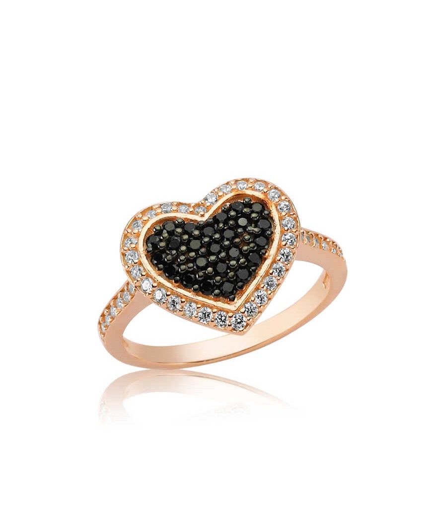 Gümüş Siyah Taşlı Kalp Bayan Yüzük