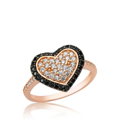 Gümüş Siyah Taşlı Kalp Bayan Yüzük