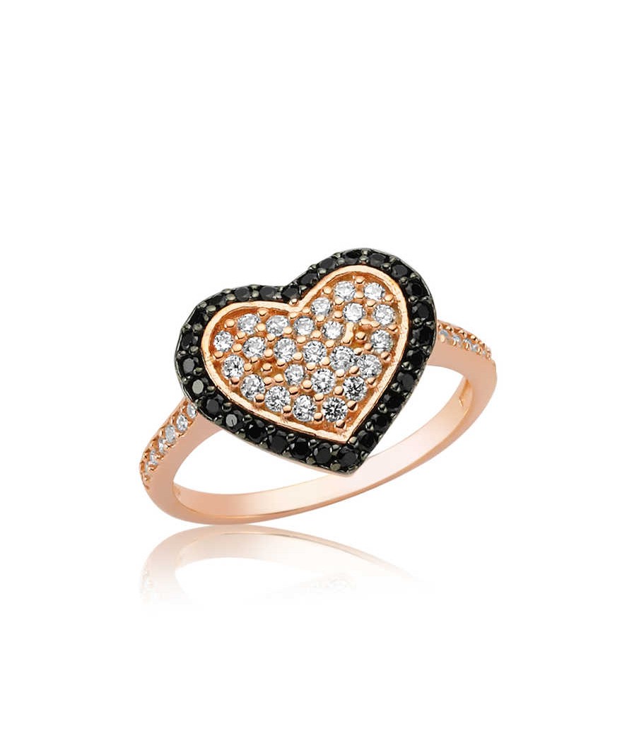 Gümüş Siyah Taşlı Kalp Bayan Yüzük