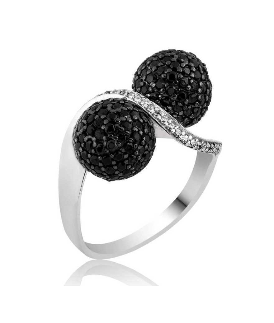 Gümüş Siyah Taşlı Top Bayan Yüzük