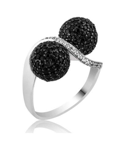 Gümüş Siyah Taşlı Top Bayan Yüzük