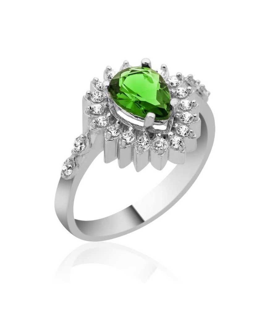 Gümüş Yeşil Taşlı Damla Bayan Yüzük