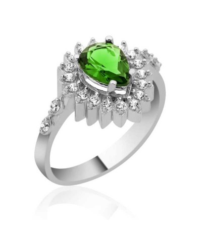 Gümüş Yeşil Taşlı Damla Bayan Yüzük