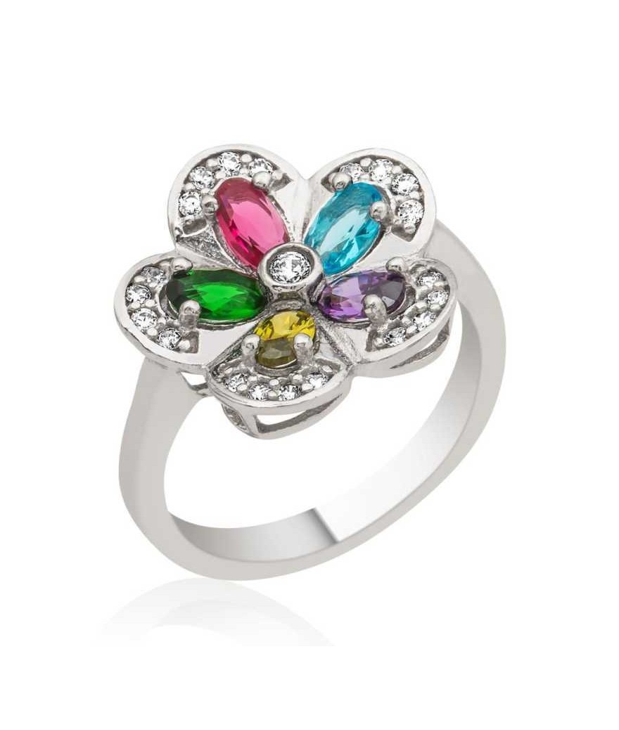 Gümüş Renkli Taşlı Çiçek Yüzük