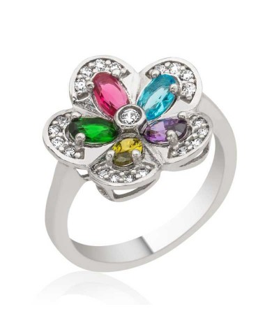 Gümüş Renkli Taşlı Çiçek Yüzük