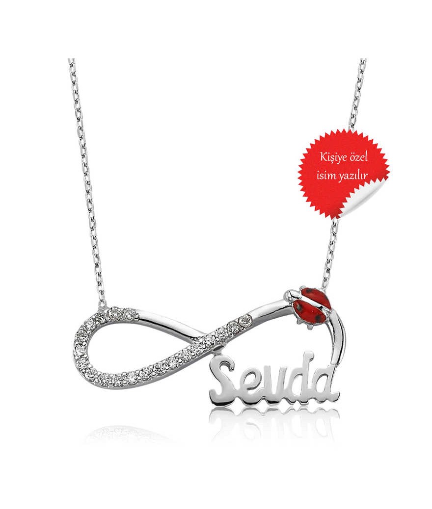 Gümüş Uğur Böcekli İsimli Sonsuzluk Bayan Kolye