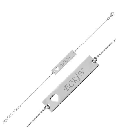 Gümüş Kişiye Özel İsimli Kalpli Plaka Bayan Bileklik