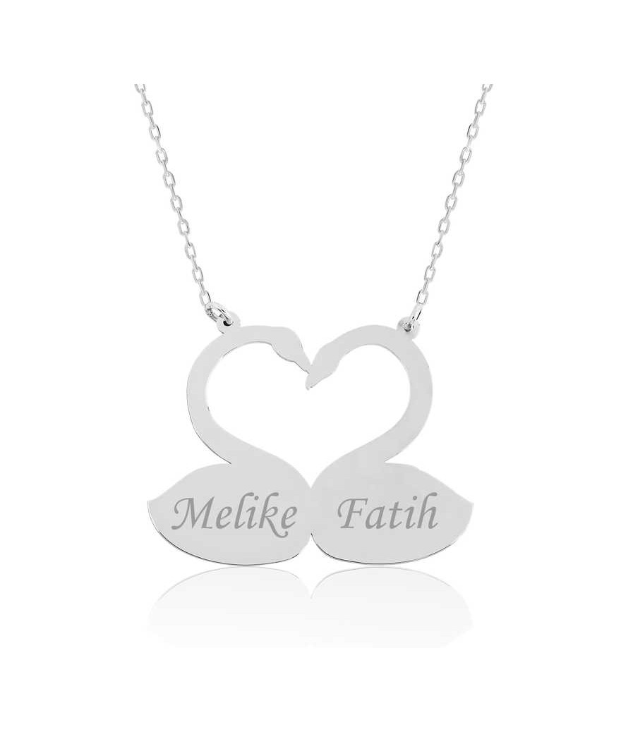 Gümüş Aşık Kuğular Plaka Kolye