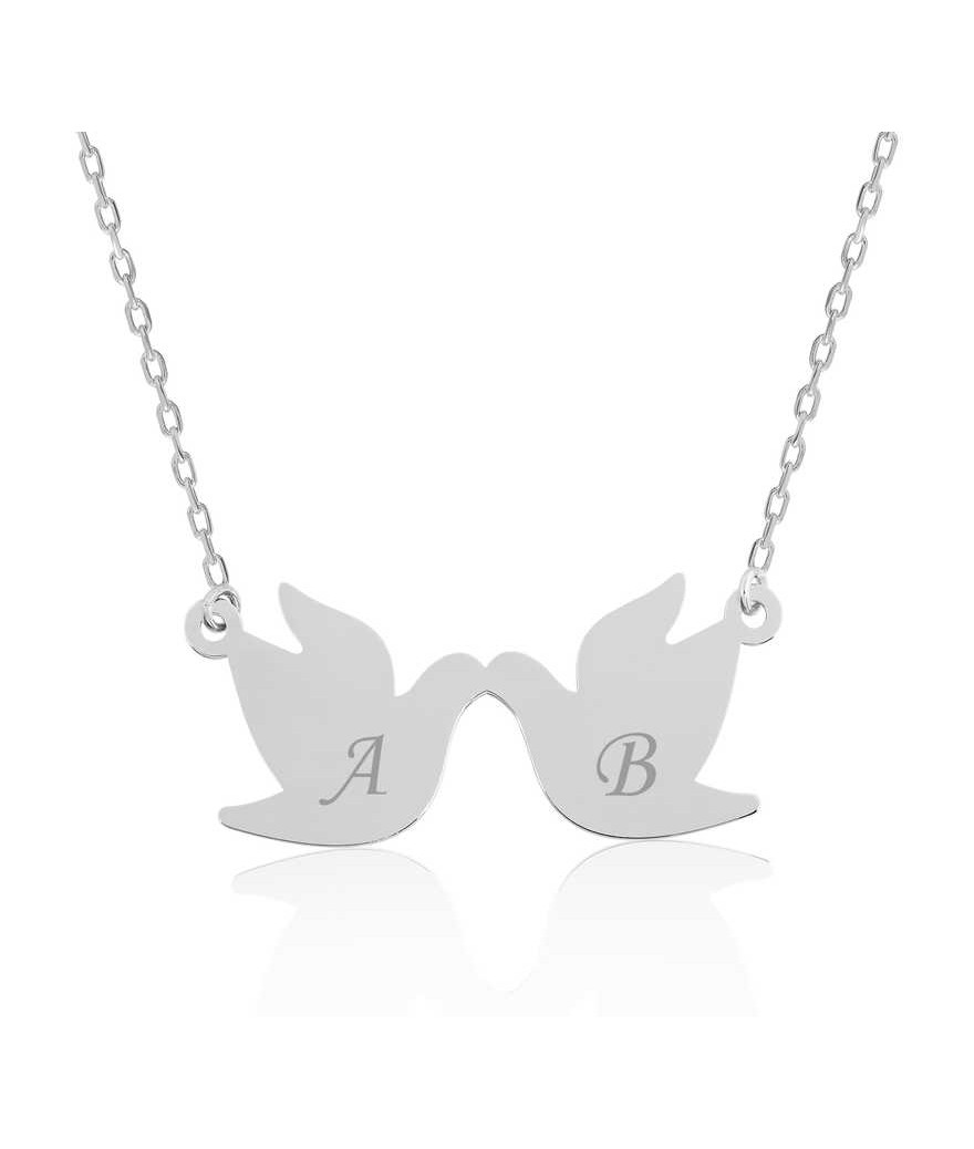 Gümüş Çifte Kumrular Harf Yazılı Kolye