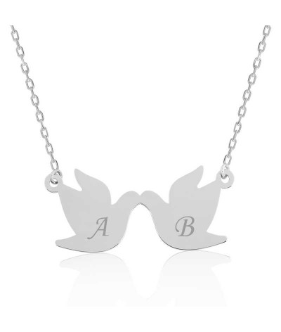 Gümüş Çifte Kumrular Harf Yazılı Kolye