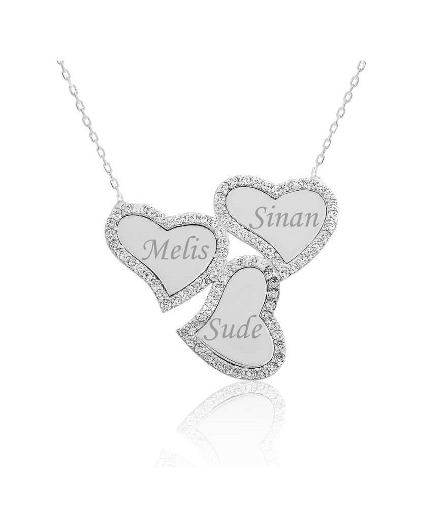 Gümüş İsimli Üç Kalpli Bayan Kolye