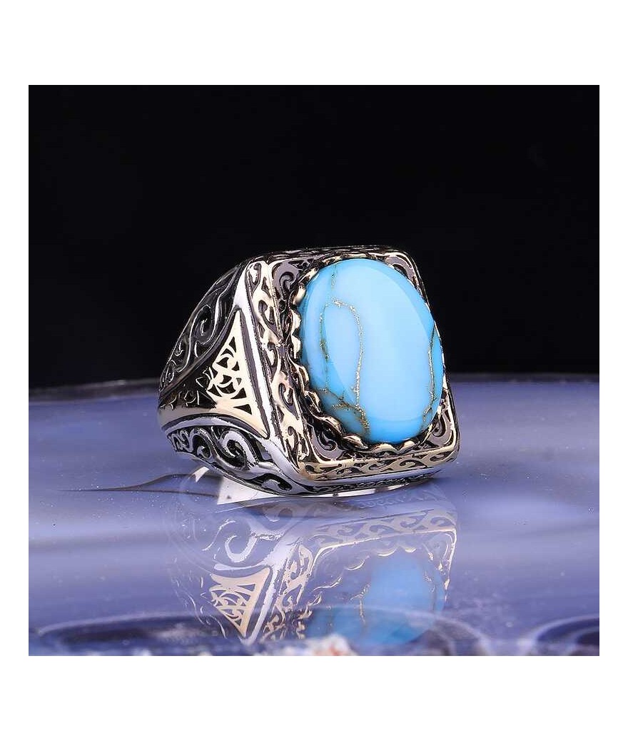 ​Gümüş Turkuaz Taşlı Kare Erkek Yüzük