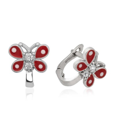 Gümüş Kırmızı Kelebek Çocuk Küpesi