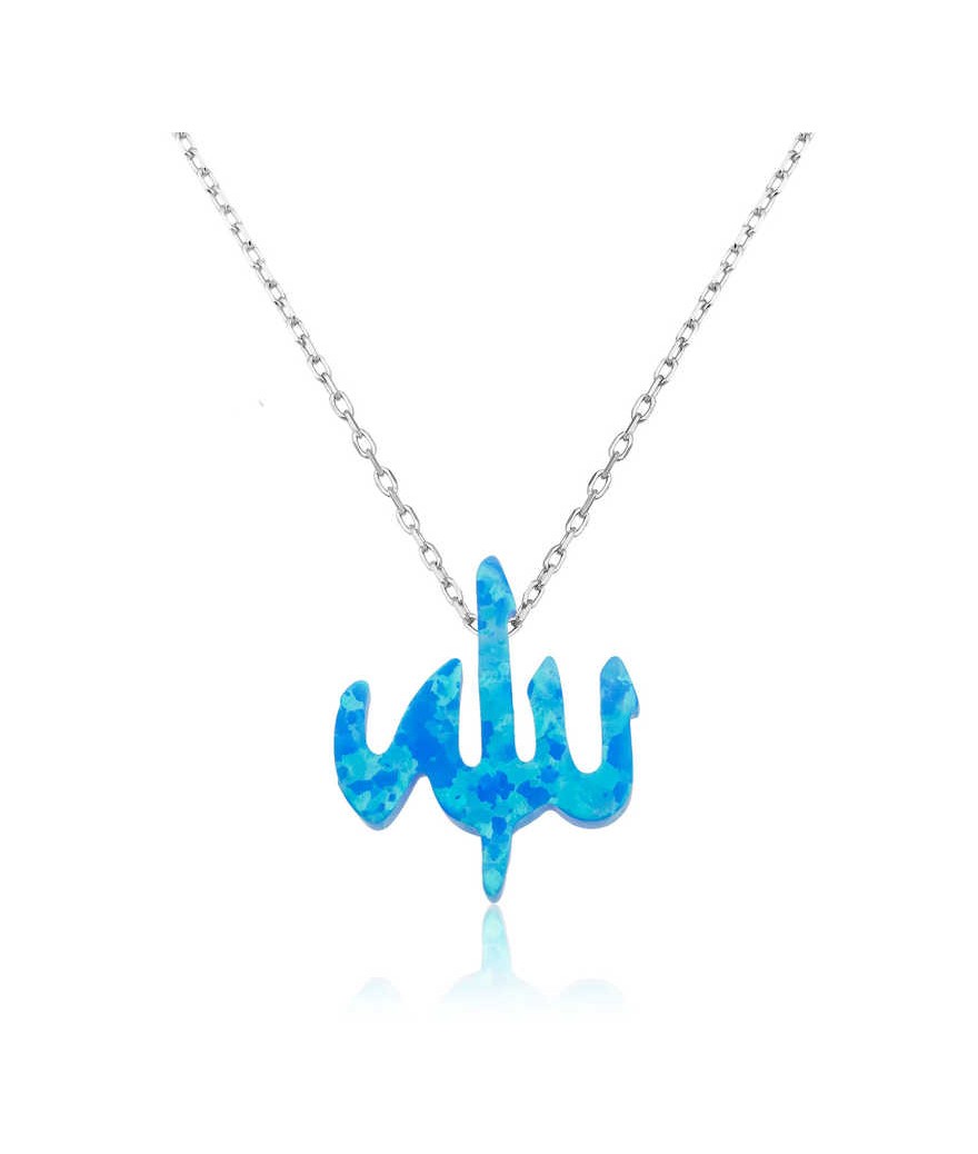 Gümüş Mavi Opal Taşlı Allah Yazılı Bayan Kolye