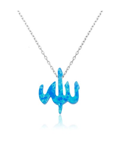 Gümüş Mavi Opal Taşlı Allah Yazılı Bayan Kolye