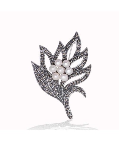 Gümüş Markazit Taşlı Yaprak İnci Broş