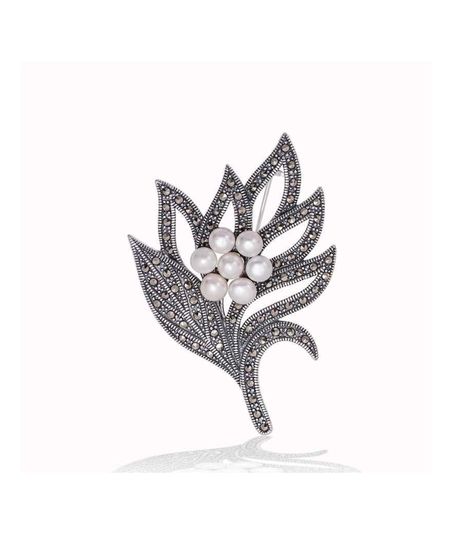 Gümüş Markazit Taşlı Yaprak İnci Broş
